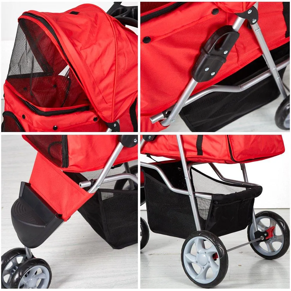 3 Wheels Pet Stroller for Dog Cat Small Animal Folding Walk Jogger Travel Carrier Cart, Red