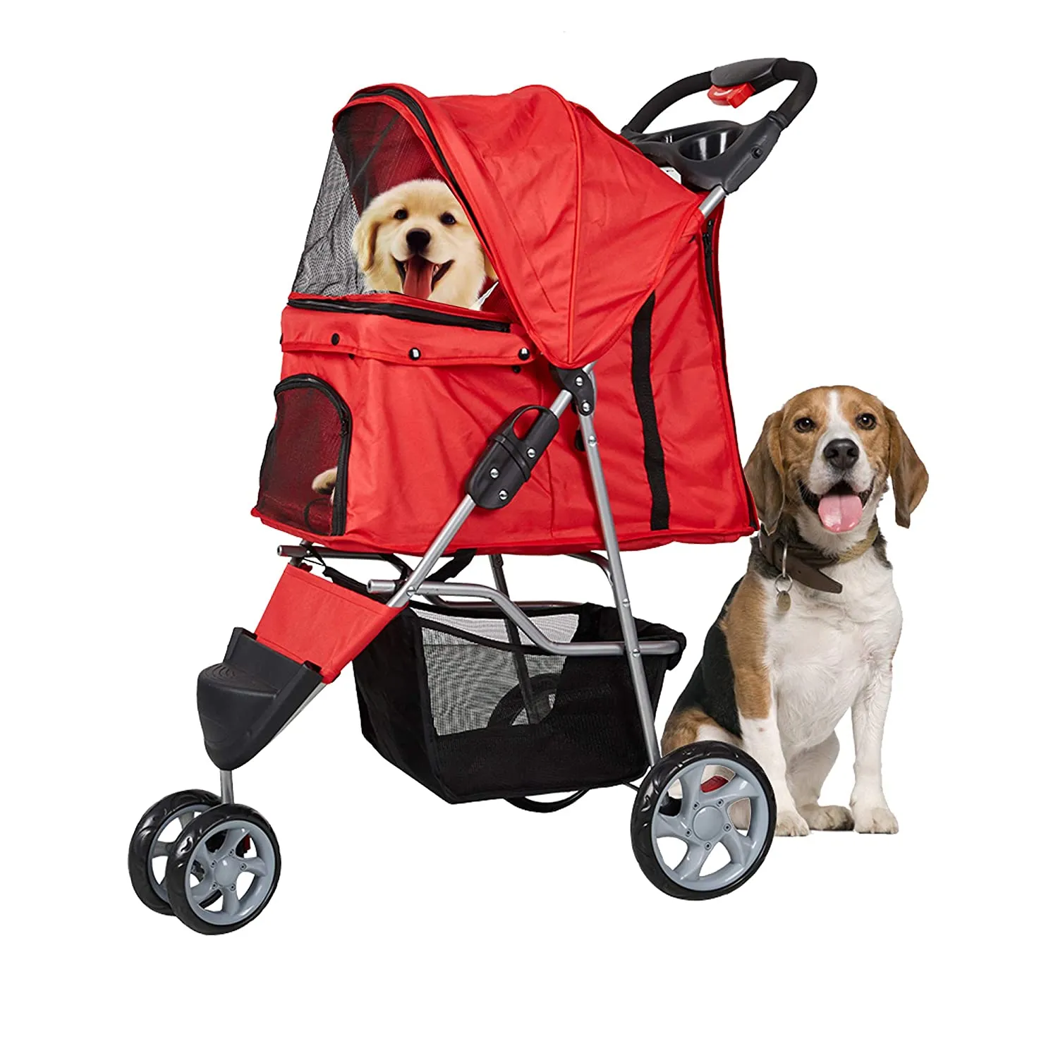 3 Wheels Pet Stroller for Dog Cat Small Animal Folding Walk Jogger Travel Carrier Cart, Red