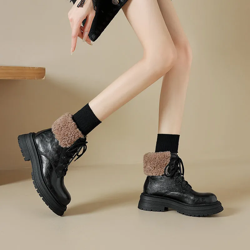 45mm Platform Shearling Lined Leather Combat Boots Designer High Top Boots in Coffee/Black