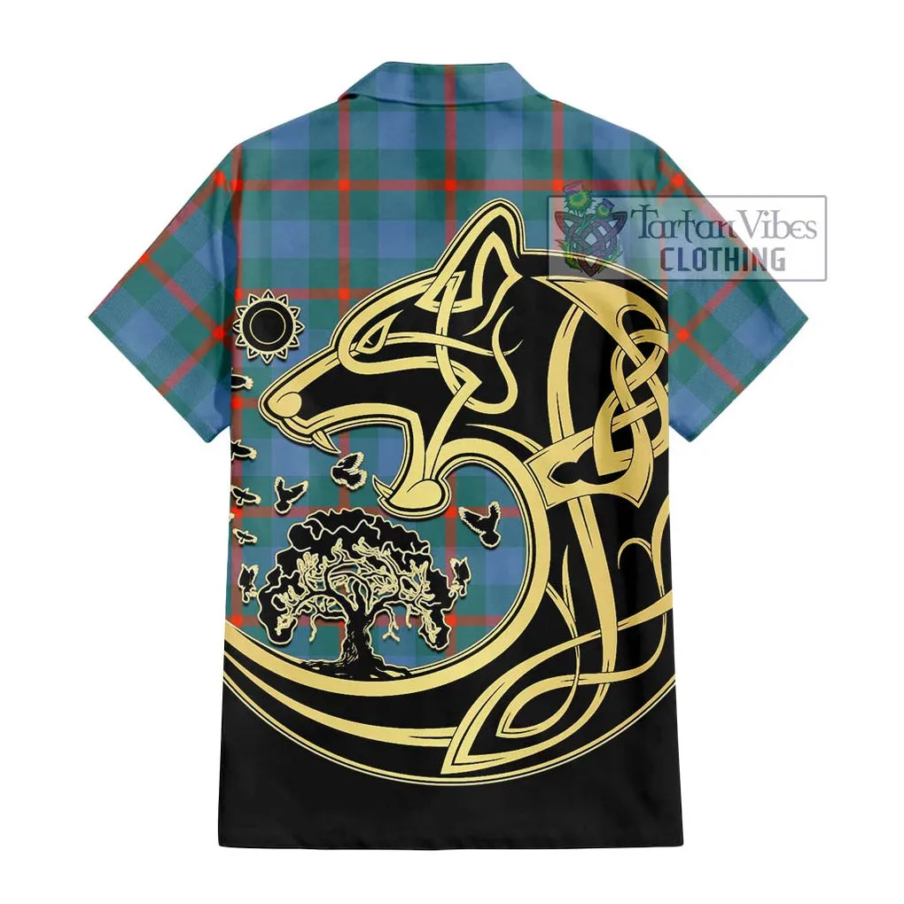 Agnew Ancient Tartan Short Sleeve Button Shirt with Family Crest Celtic Wolf Style