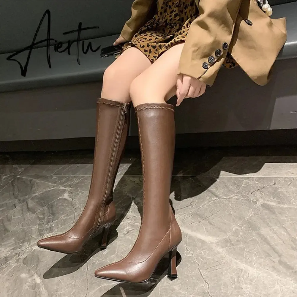 Aiertu  High Heels Dress Shoes Pointed Toe Bare Boots Black Booties Thin Heeled Fashion Ankle Boots Retro Ladies Shoes Botas