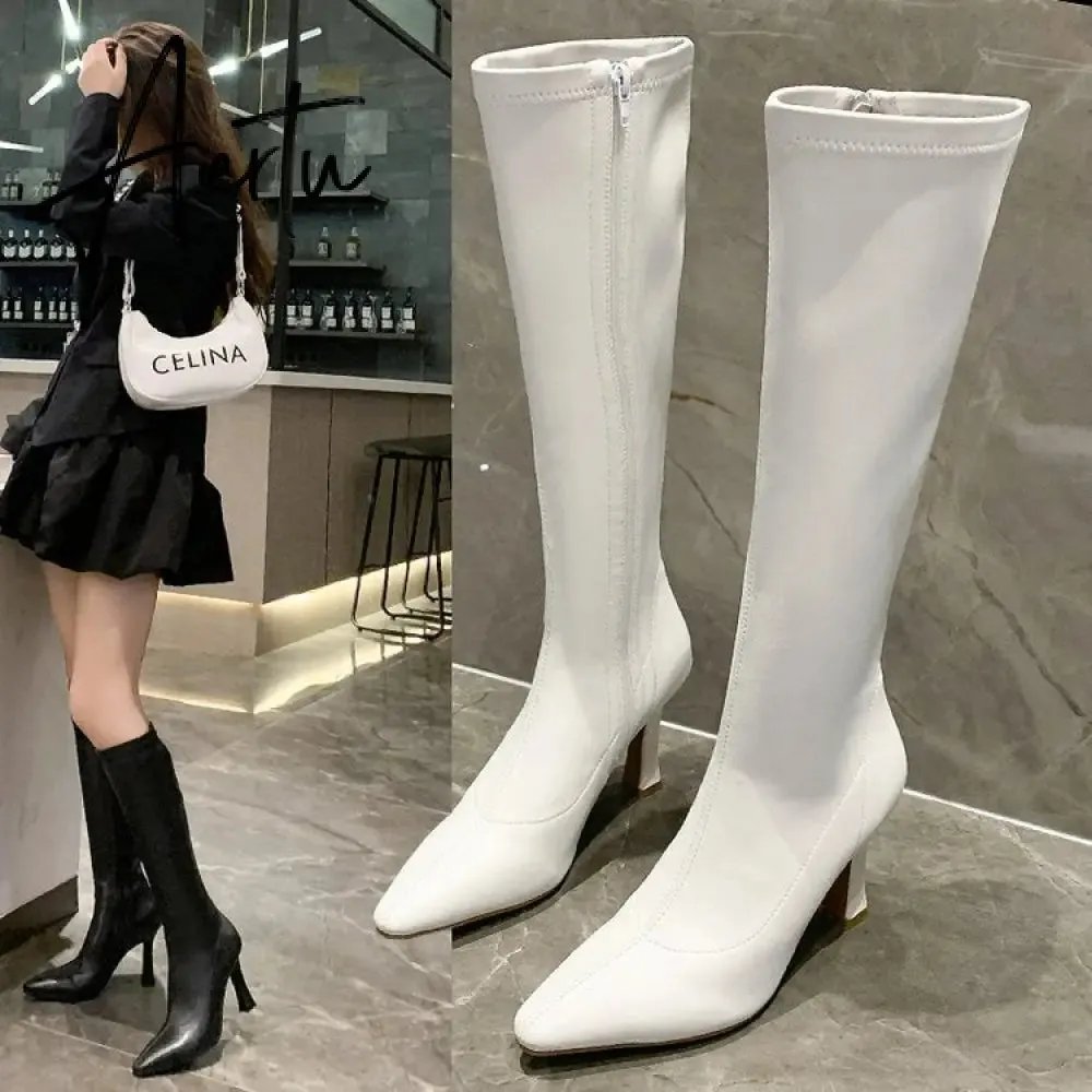 Aiertu  High Heels Dress Shoes Pointed Toe Bare Boots Black Booties Thin Heeled Fashion Ankle Boots Retro Ladies Shoes Botas