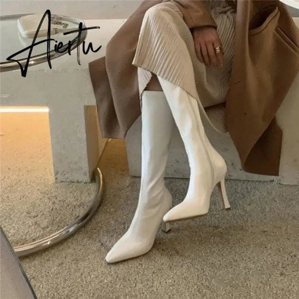 Aiertu  High Heels Dress Shoes Pointed Toe Bare Boots Black Booties Thin Heeled Fashion Ankle Boots Retro Ladies Shoes Botas