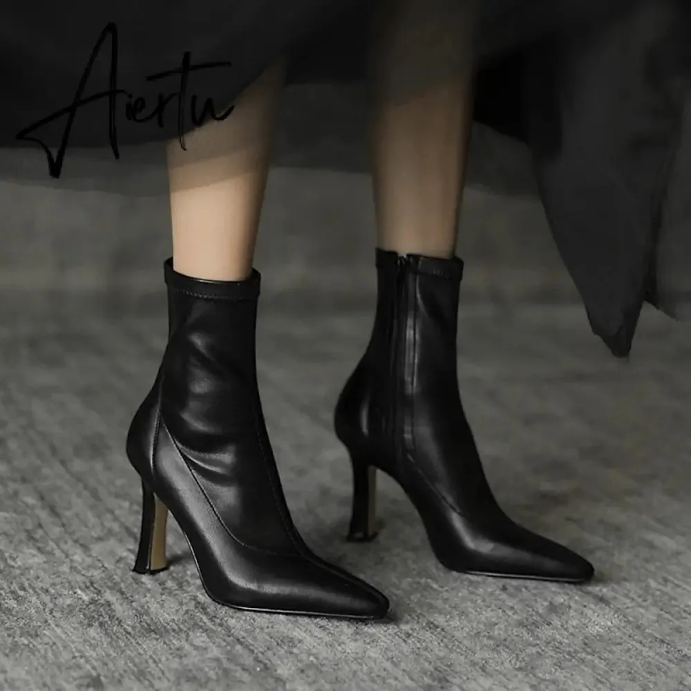 Aiertu  High Heels Dress Shoes Pointed Toe Bare Boots Black Booties Thin Heeled Fashion Ankle Boots Retro Ladies Shoes Botas