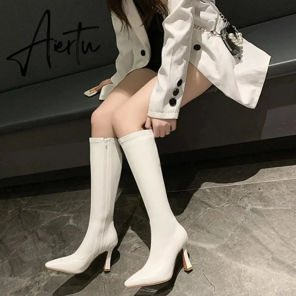 Aiertu  High Heels Dress Shoes Pointed Toe Bare Boots Black Booties Thin Heeled Fashion Ankle Boots Retro Ladies Shoes Botas