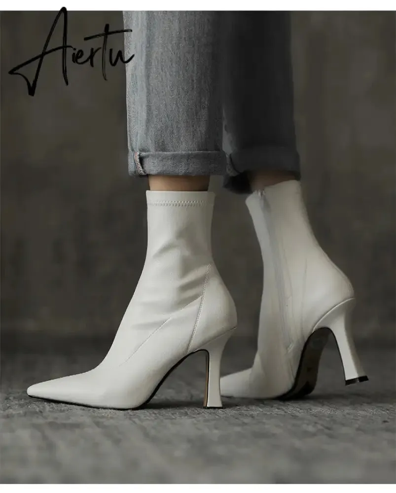 Aiertu  High Heels Dress Shoes Pointed Toe Bare Boots Black Booties Thin Heeled Fashion Ankle Boots Retro Ladies Shoes Botas