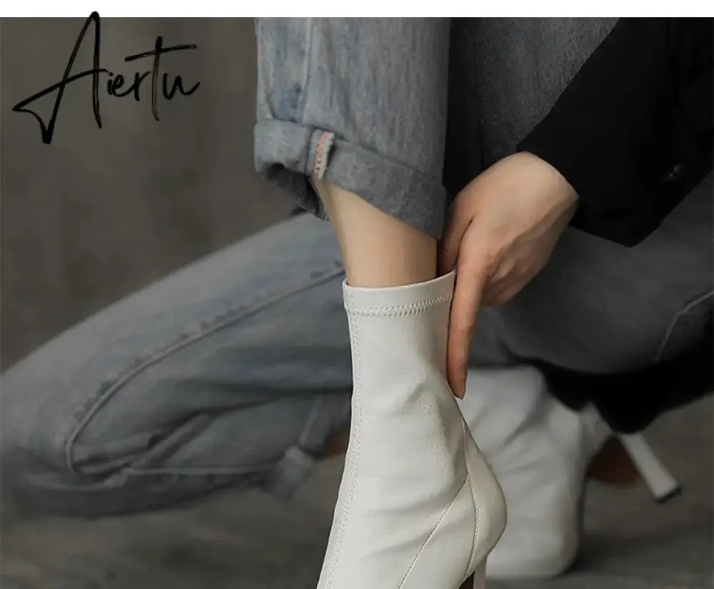 Aiertu  High Heels Dress Shoes Pointed Toe Bare Boots Black Booties Thin Heeled Fashion Ankle Boots Retro Ladies Shoes Botas