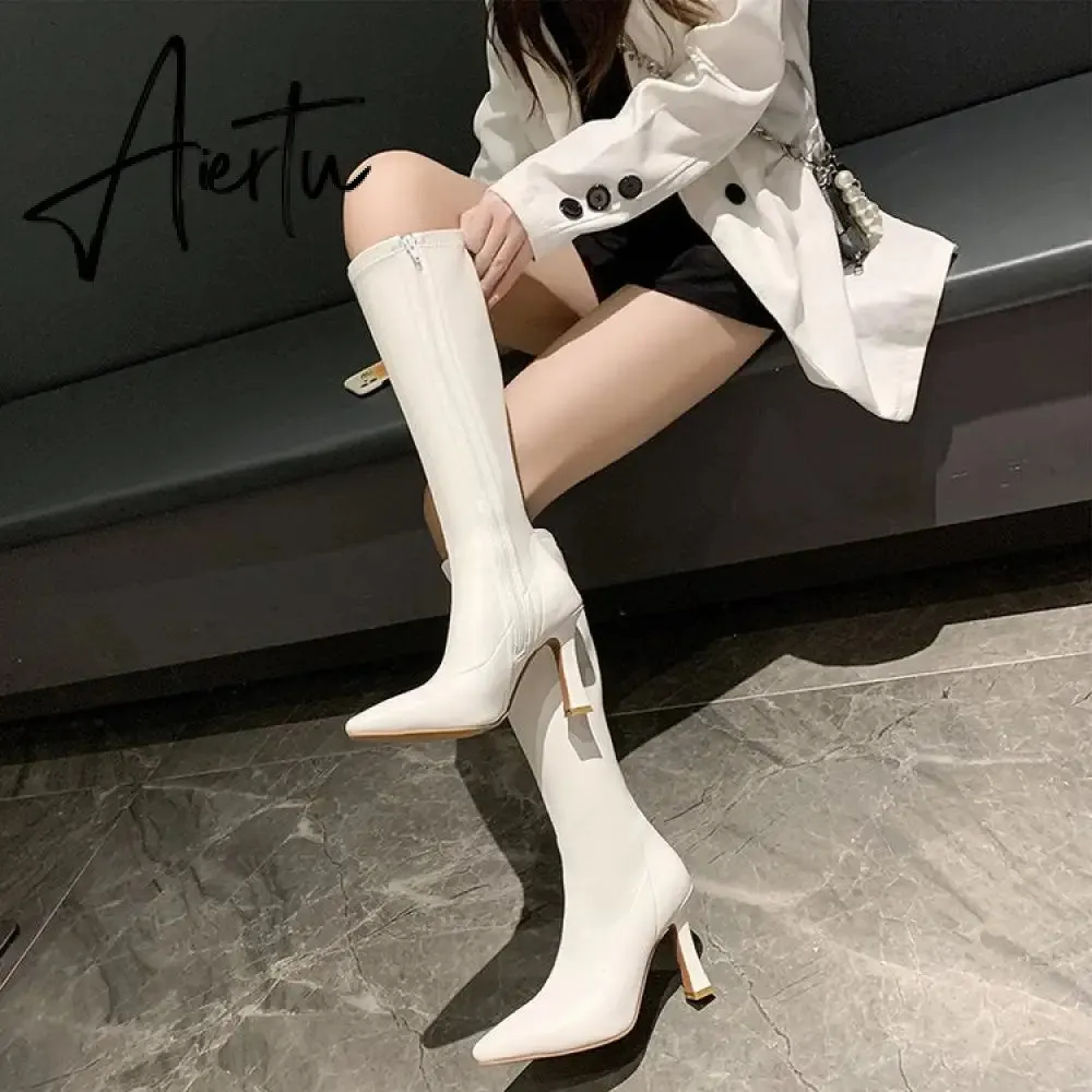 Aiertu  High Heels Dress Shoes Pointed Toe Bare Boots Black Booties Thin Heeled Fashion Ankle Boots Retro Ladies Shoes Botas