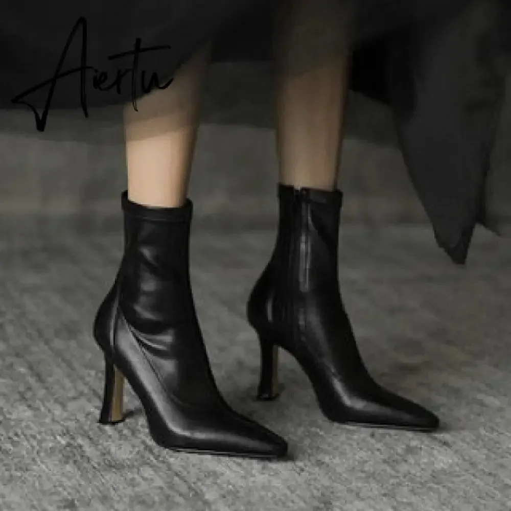 Aiertu  High Heels Dress Shoes Pointed Toe Bare Boots Black Booties Thin Heeled Fashion Ankle Boots Retro Ladies Shoes Botas