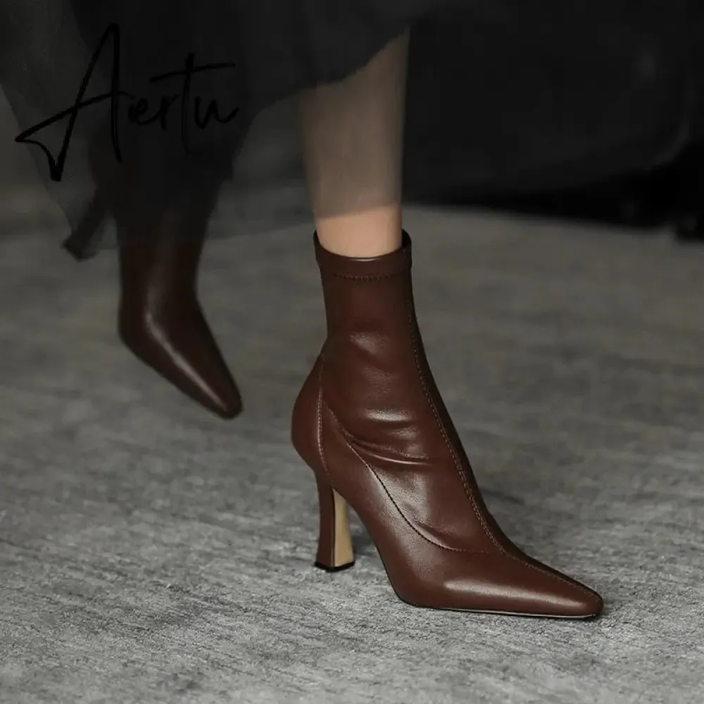 Aiertu  High Heels Dress Shoes Pointed Toe Bare Boots Black Booties Thin Heeled Fashion Ankle Boots Retro Ladies Shoes Botas