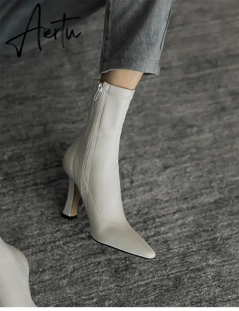 Aiertu  High Heels Dress Shoes Pointed Toe Bare Boots Black Booties Thin Heeled Fashion Ankle Boots Retro Ladies Shoes Botas