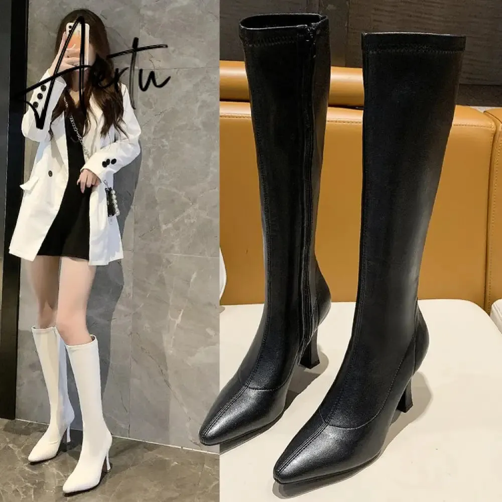 Aiertu  High Heels Dress Shoes Pointed Toe Bare Boots Black Booties Thin Heeled Fashion Ankle Boots Retro Ladies Shoes Botas