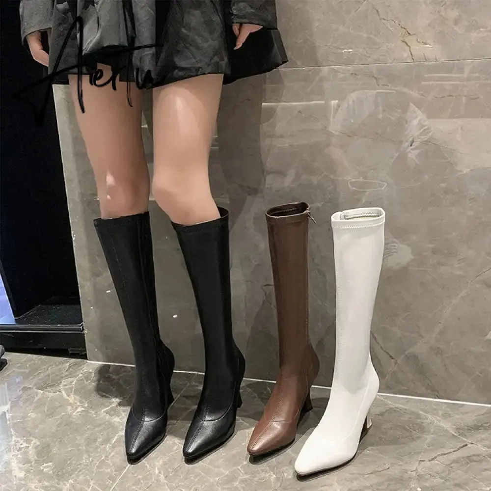 Aiertu  High Heels Dress Shoes Pointed Toe Bare Boots Black Booties Thin Heeled Fashion Ankle Boots Retro Ladies Shoes Botas