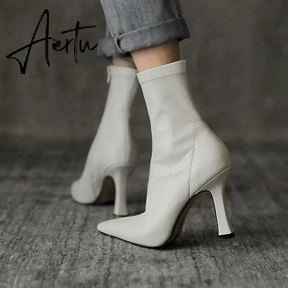 Aiertu  High Heels Dress Shoes Pointed Toe Bare Boots Black Booties Thin Heeled Fashion Ankle Boots Retro Ladies Shoes Botas