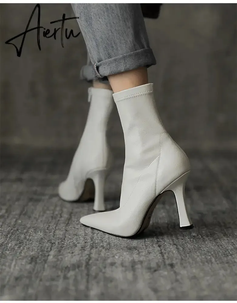 Aiertu  High Heels Dress Shoes Pointed Toe Bare Boots Black Booties Thin Heeled Fashion Ankle Boots Retro Ladies Shoes Botas