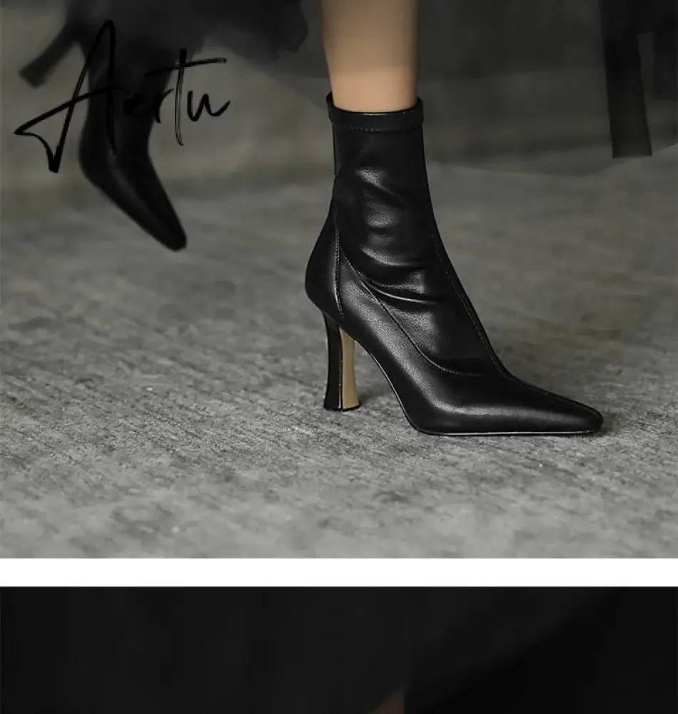 Aiertu  High Heels Dress Shoes Pointed Toe Bare Boots Black Booties Thin Heeled Fashion Ankle Boots Retro Ladies Shoes Botas