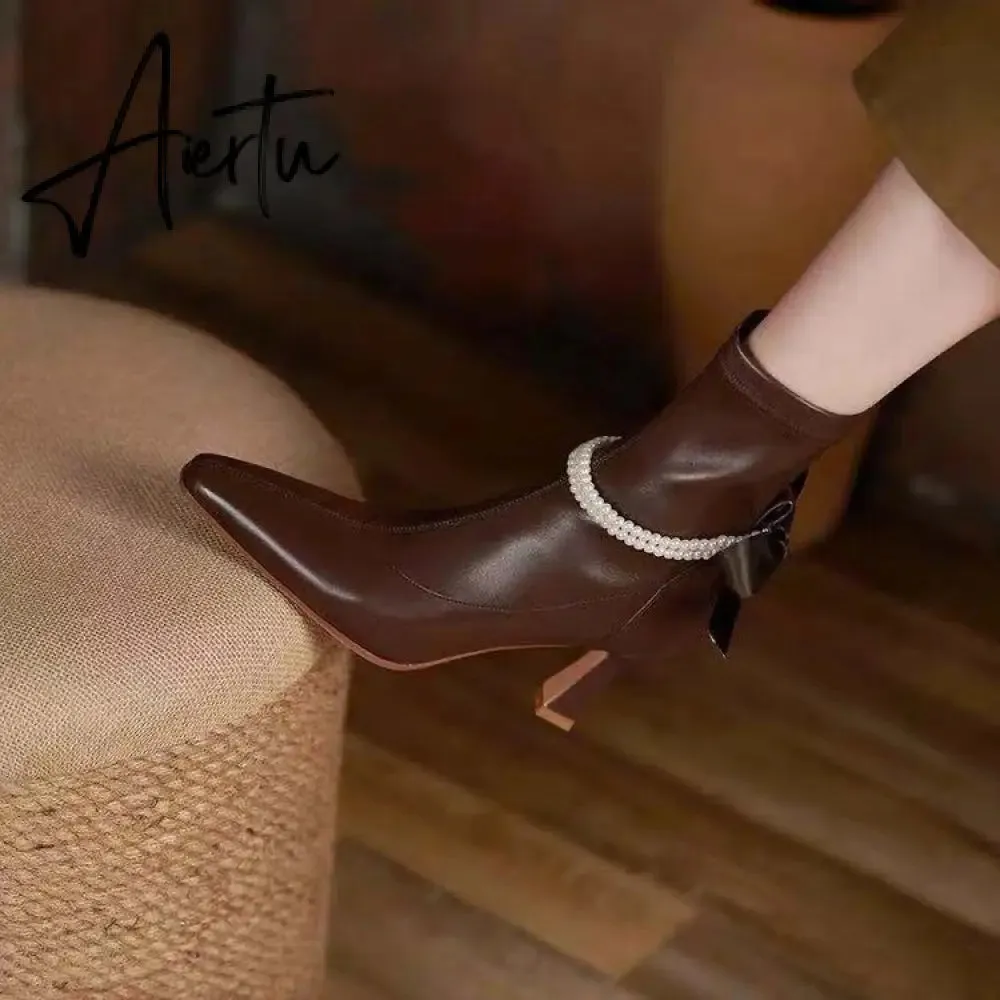 Aiertu  High Heels Dress Shoes Pointed Toe Bare Boots Black Booties Thin Heeled Fashion Ankle Boots Retro Ladies Shoes Botas