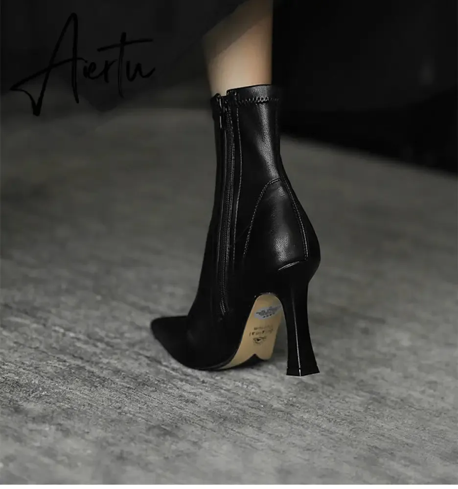 Aiertu  High Heels Dress Shoes Pointed Toe Bare Boots Black Booties Thin Heeled Fashion Ankle Boots Retro Ladies Shoes Botas