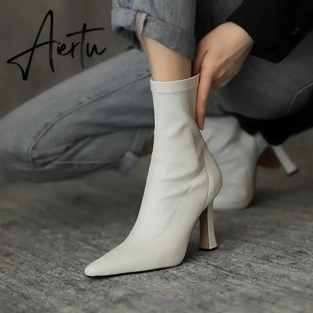 Aiertu  High Heels Dress Shoes Pointed Toe Bare Boots Black Booties Thin Heeled Fashion Ankle Boots Retro Ladies Shoes Botas