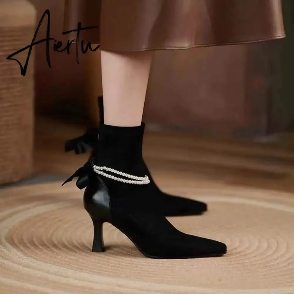 Aiertu  High Heels Dress Shoes Pointed Toe Bare Boots Black Booties Thin Heeled Fashion Ankle Boots Retro Ladies Shoes Botas