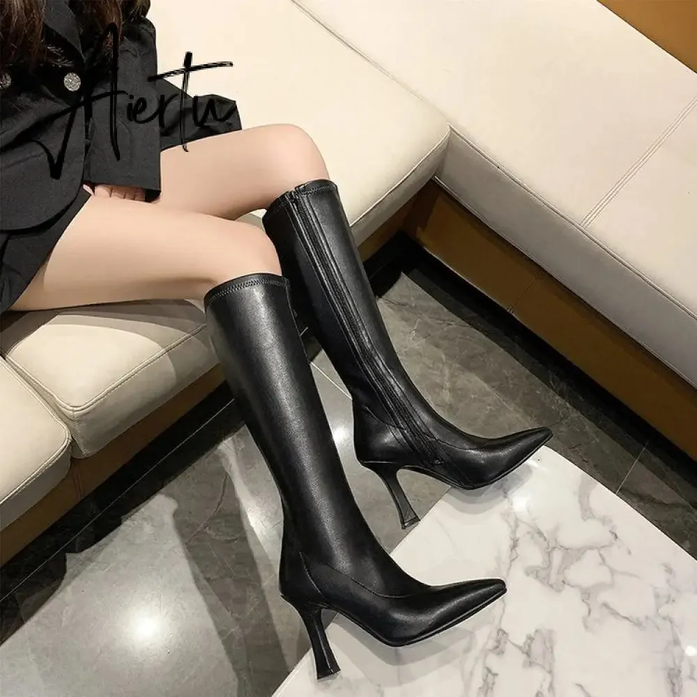 Aiertu  High Heels Dress Shoes Pointed Toe Bare Boots Black Booties Thin Heeled Fashion Ankle Boots Retro Ladies Shoes Botas