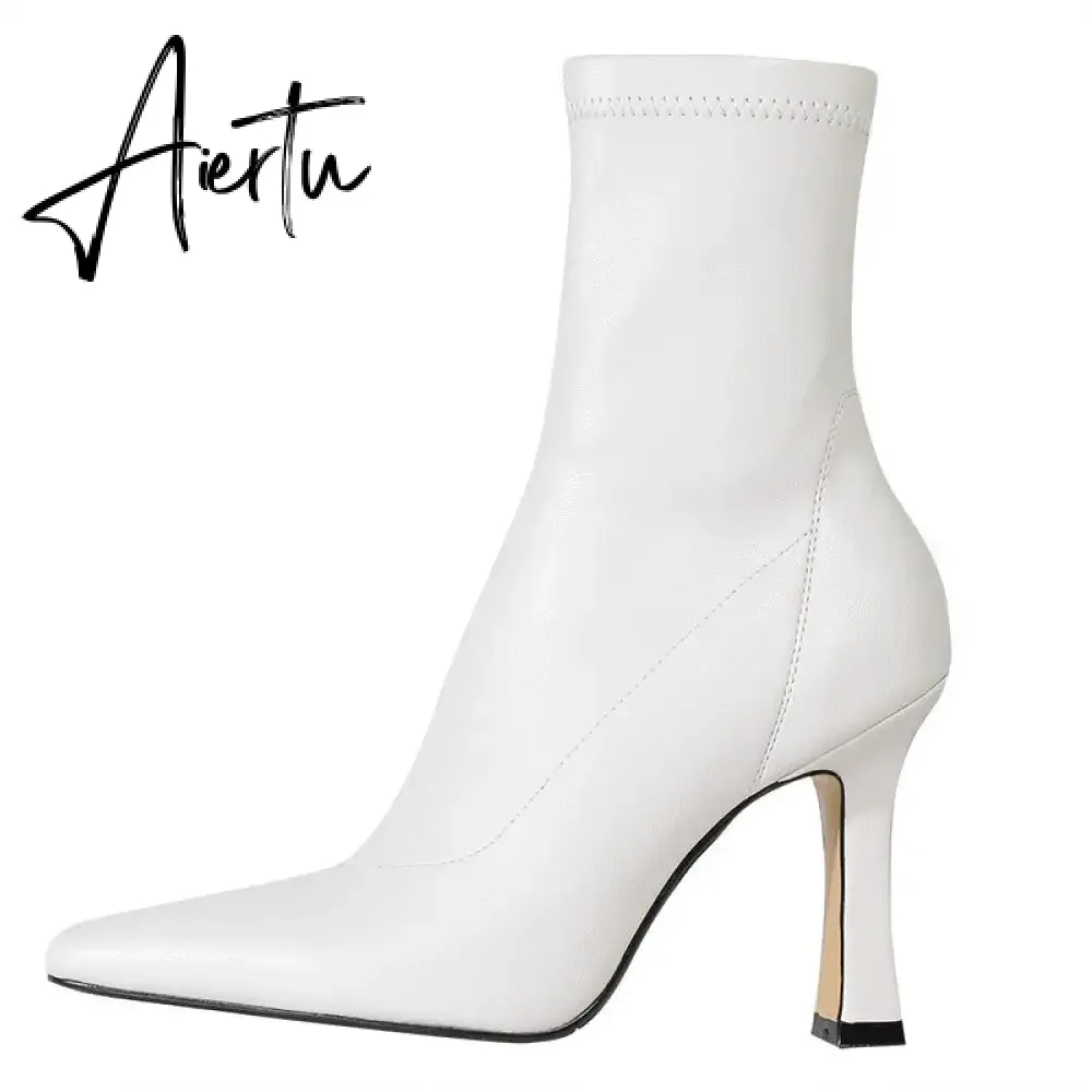 Aiertu  High Heels Dress Shoes Pointed Toe Bare Boots Black Booties Thin Heeled Fashion Ankle Boots Retro Ladies Shoes Botas