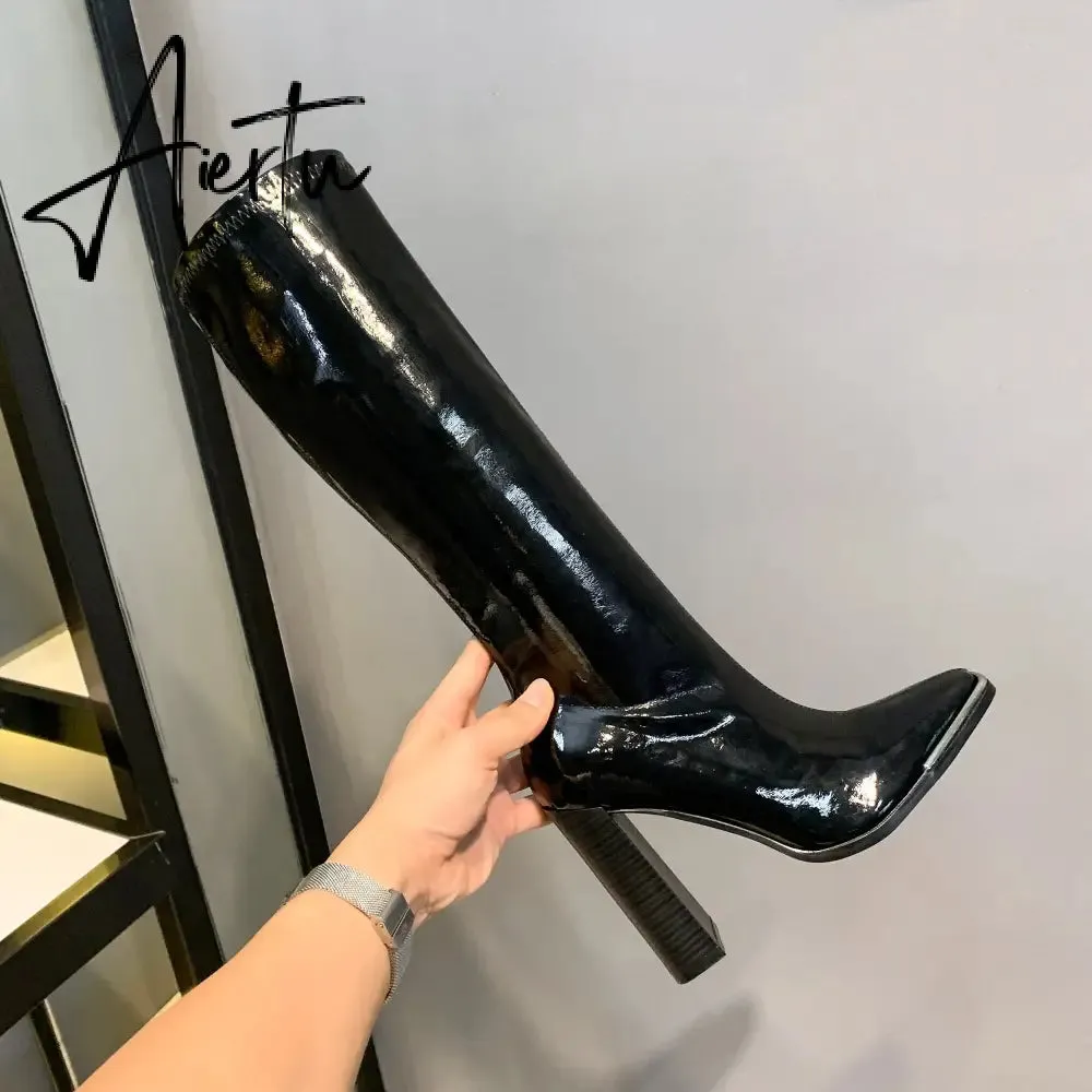 Aiertu Kendall style Women motorcyle boots Fashion Square toe Knee high boots Autumn Winter Warm patent leather High heels boots shoes