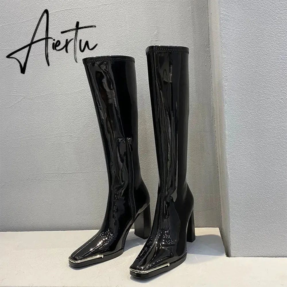 Aiertu Kendall style Women motorcyle boots Fashion Square toe Knee high boots Autumn Winter Warm patent leather High heels boots shoes