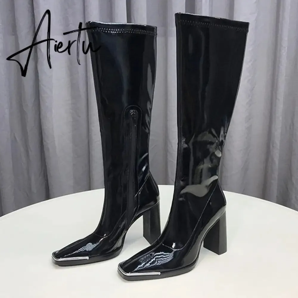 Aiertu Kendall style Women motorcyle boots Fashion Square toe Knee high boots Autumn Winter Warm patent leather High heels boots shoes