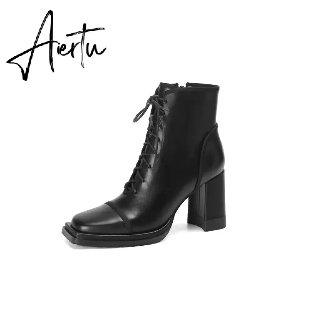 Aiertu NEW Fall Shoes Women Square Toe Chunky Boots for Women Winter Genuine Leather Boots High Heel Platform Boots Elegent Girl Shoes