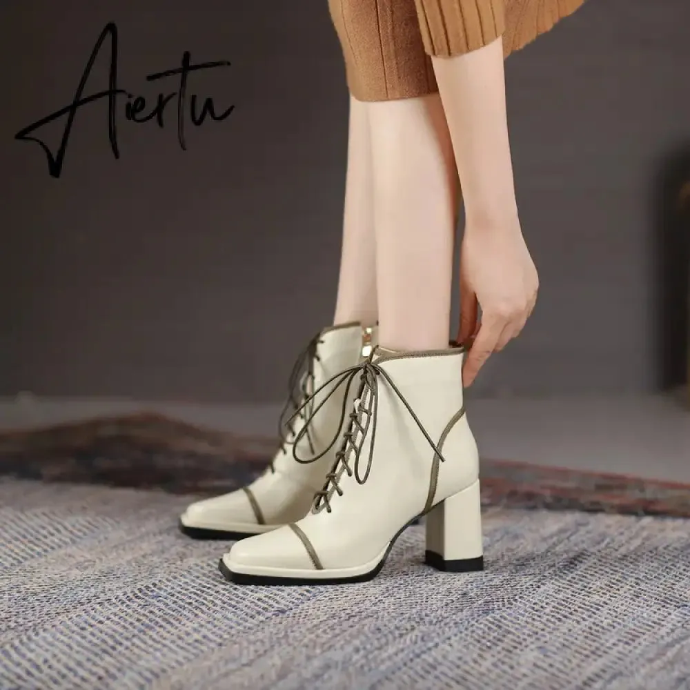 Aiertu NEW Fall Shoes Women Square Toe Chunky Boots for Women Winter Genuine Leather Boots High Heel Platform Boots Elegent Girl Shoes