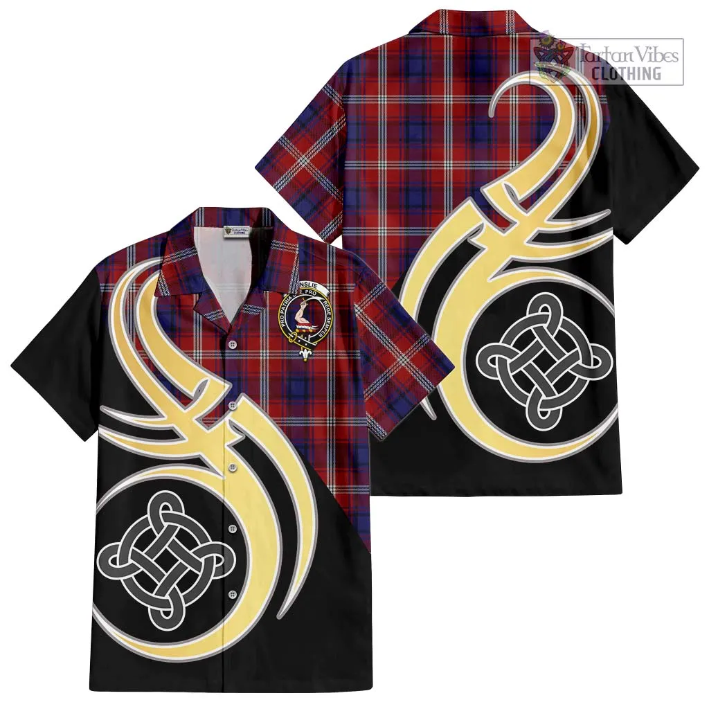 Ainslie Tartan Short Sleeve Button Shirt with Family Crest and Celtic Symbol Style