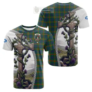 Aiton Tartan Cotton T-shirt with Family Crest and St. Andrew's Cross Accented by Thistle Vines