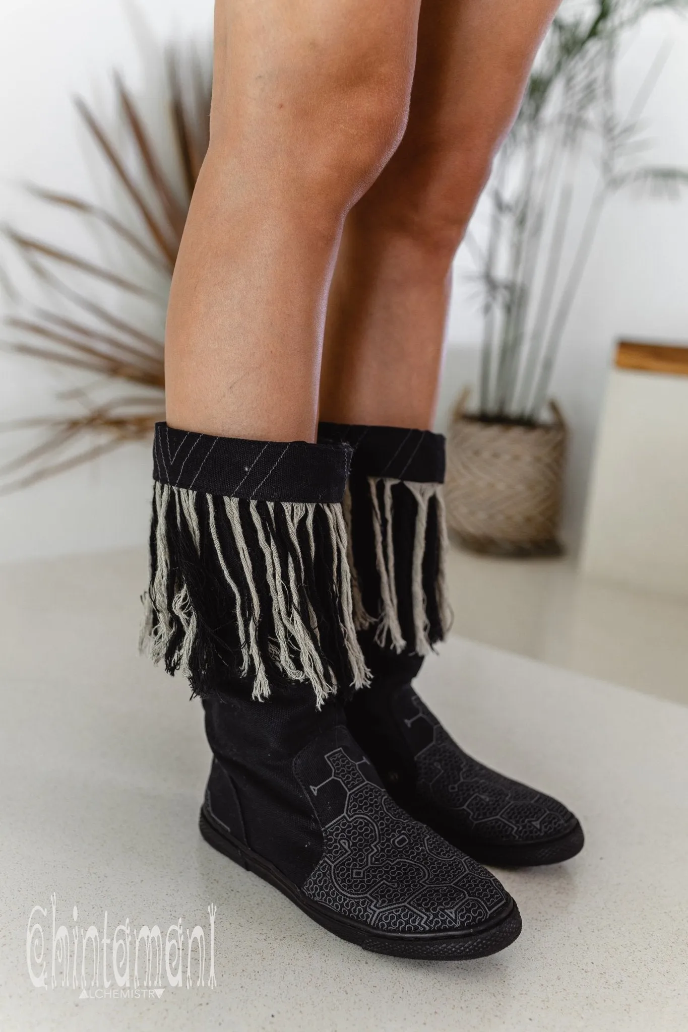 Alma Libra Cotton Canvas Vegan Fringe Boots / Boho High Shoes / Black