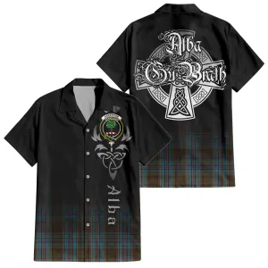 Anderson Tartan Short Sleeve Button Up Shirt Featuring Alba Gu Brath Family Crest Celtic Inspired