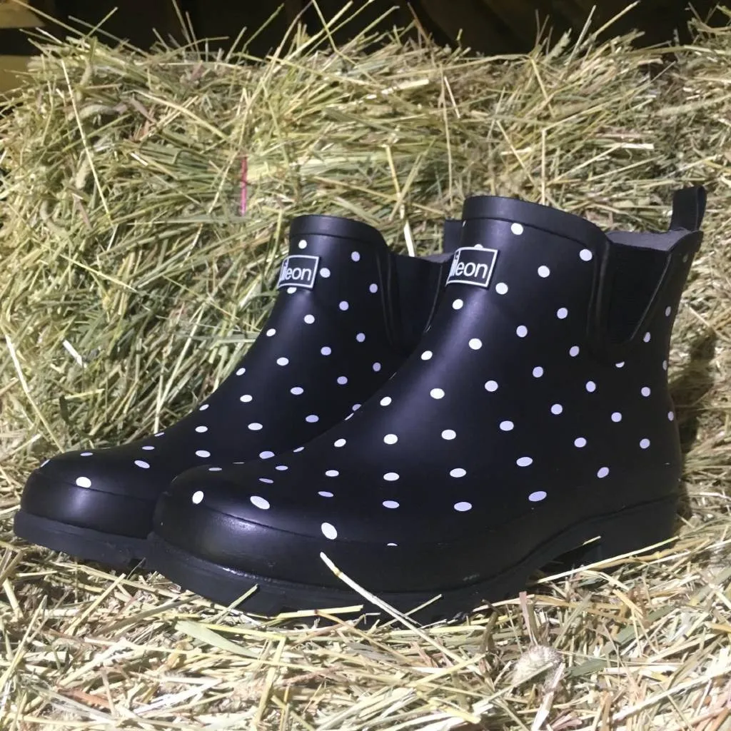 Ankle Height Rain Boots - Black with White Spots - Wide Foot - Easy to Slip On