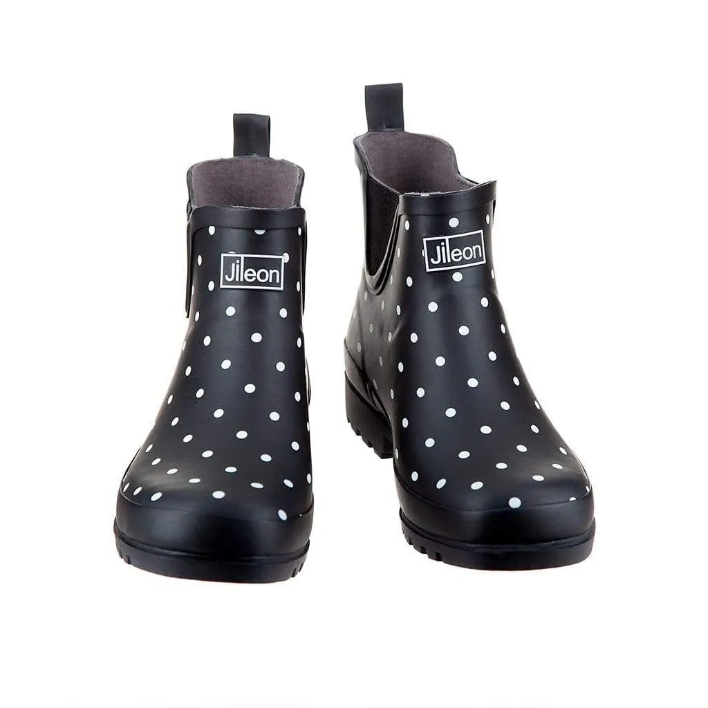 Ankle Height Rain Boots - Black with White Spots - Wide Foot - Easy to Slip On