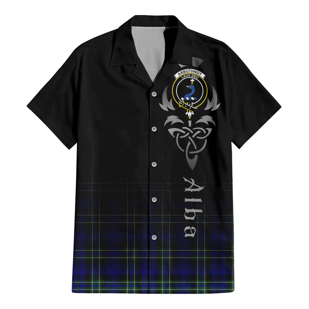 Arbuthnot Modern Tartan Short Sleeve Button Up Shirt Featuring Alba Gu Brath Family Crest Celtic Inspired