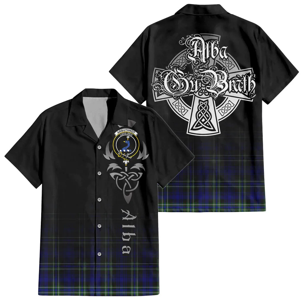 Arbuthnot Modern Tartan Short Sleeve Button Up Shirt Featuring Alba Gu Brath Family Crest Celtic Inspired