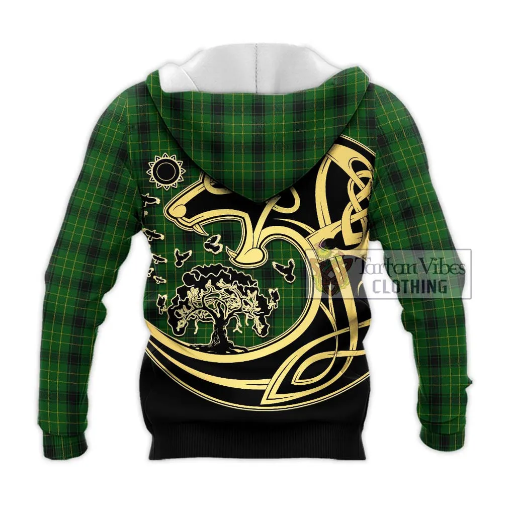 Arthur Highland Tartan Knitted Hoodie with Family Crest Celtic Wolf Style