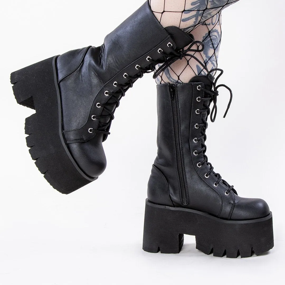 ASHES-105 Black Vegan Leather Platform Combat Boots (AU Stock)