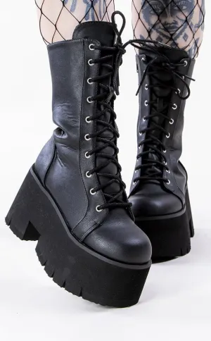 ASHES-105 Black Vegan Leather Platform Combat Boots (AU Stock)