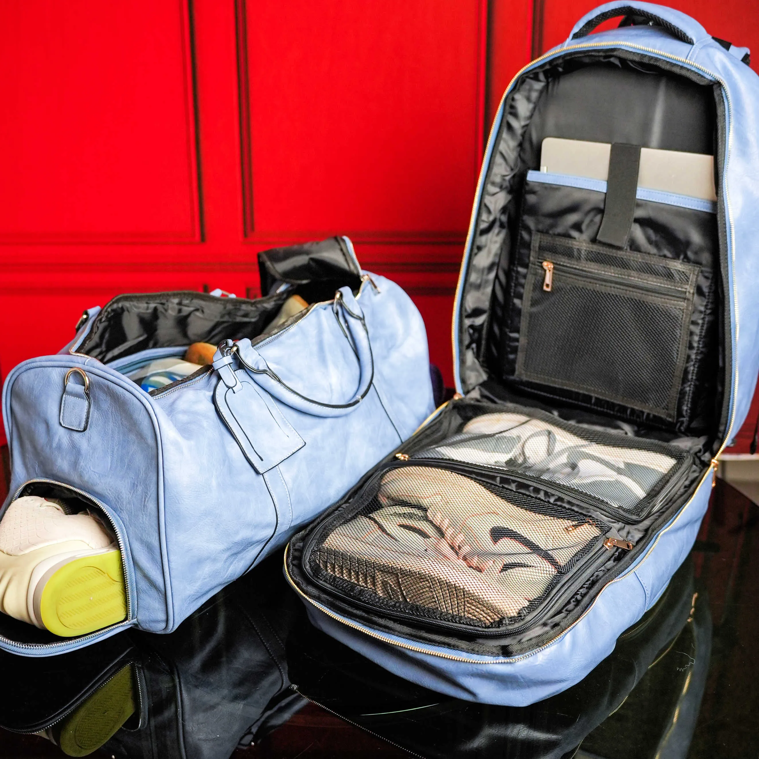 Baby Blue Tumbled Leather 2 Bag Set (Commuter and Duffle)