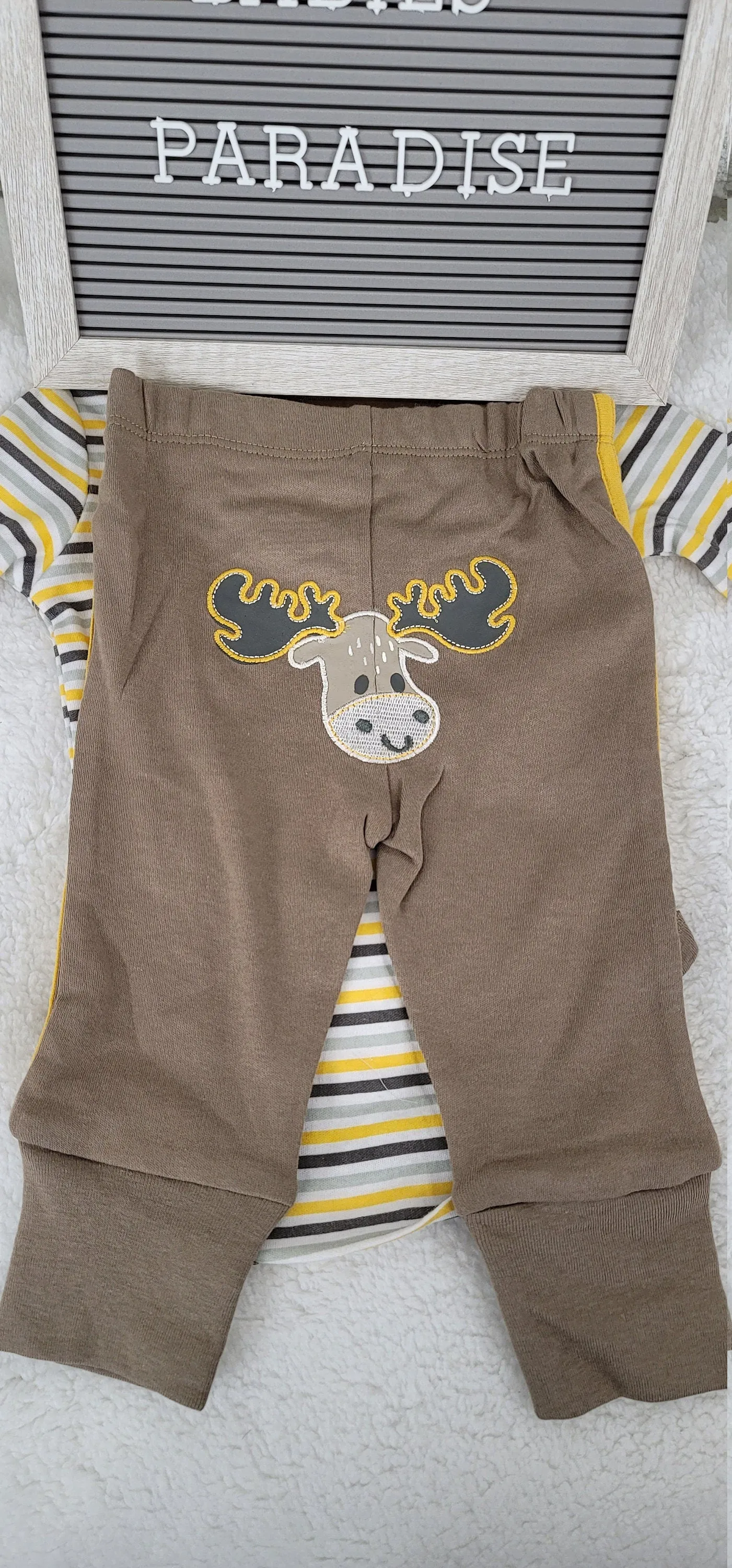 Baby Clothes 3pcs, Baby Boys Set 3-6, 6-9 and 12 months, Moose Design Baby Clothes , Boys Brown Pants,  Let the Adventure Begin Bib, GiftSet