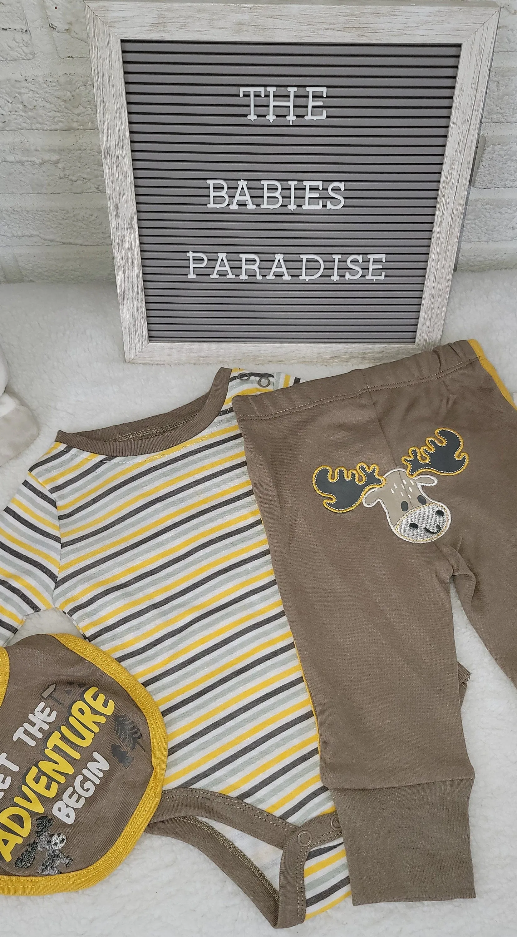 Baby Clothes 3pcs, Baby Boys Set 3-6, 6-9 and 12 months, Moose Design Baby Clothes , Boys Brown Pants,  Let the Adventure Begin Bib, GiftSet