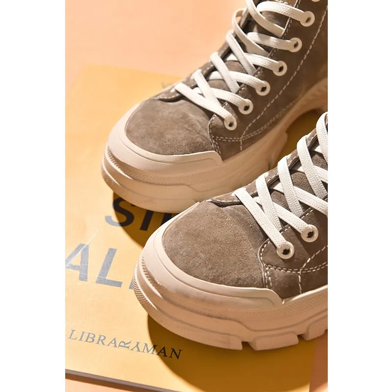 Back to college  Casual Sneakers Women Suede Leather Round Toe Lace-Free High Top Ladies Retro Fashion Flat Shoes Handmade 29575