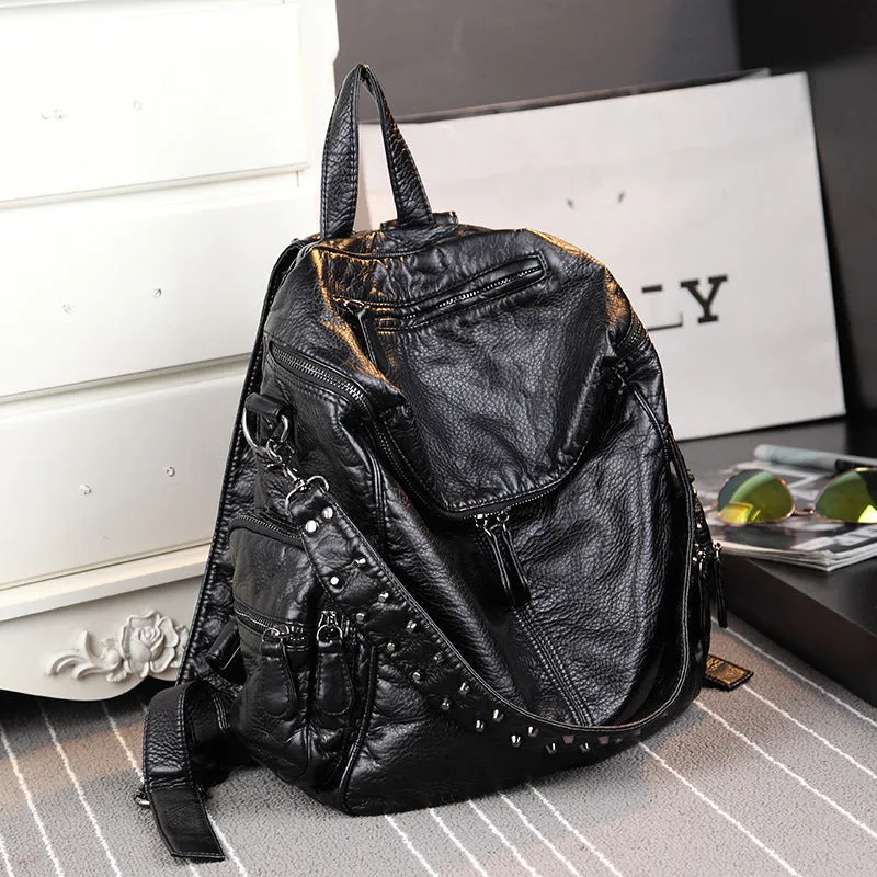 Backpack New Personalized Multi-Purpose Washed Fabric Imitation Cowhide Large Capacity Textured Women's Bag Fashion All-Matching