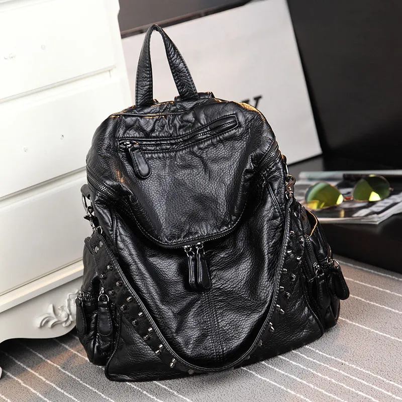 Backpack New Personalized Multi-Purpose Washed Fabric Imitation Cowhide Large Capacity Textured Women's Bag Fashion All-Matching