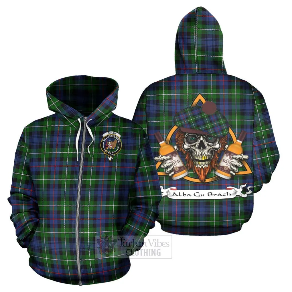 Baillie (Bailey) Tartan Hoodie with Family Crest and Bearded Skull Holding Bottles of Whiskey