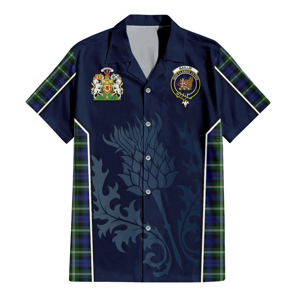 Baillie (Bailey) Tartan Short Sleeve Button Up Shirt with Family Crest and Scottish Thistle Vibes Sport Style